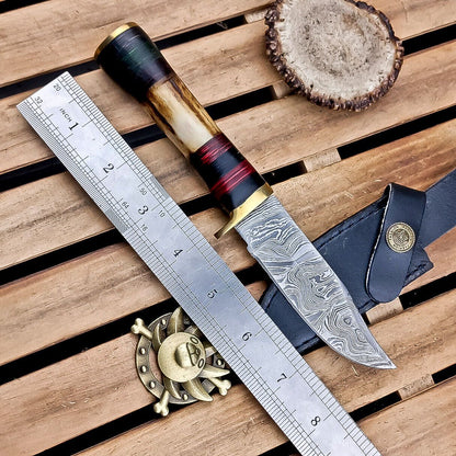 8.5" Damascus Hunting Knife – Stag Horn Handle with Leather Sheath