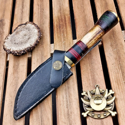 8.5" Damascus Hunting Knife – Stag Horn Handle with Leather Sheath