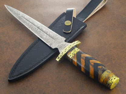 Rugged 13.5" Damascus Bowie Knife with Olive & Natural Wood Handle