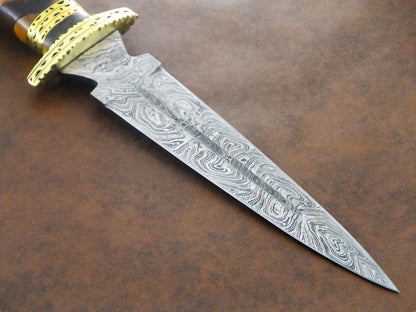 Rugged 13.5" Damascus Bowie Knife with Olive & Natural Wood Handle