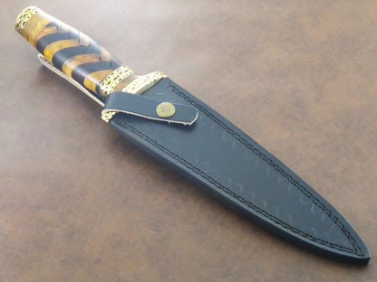 Rugged 13.5" Damascus Bowie Knife with Olive & Natural Wood Handle