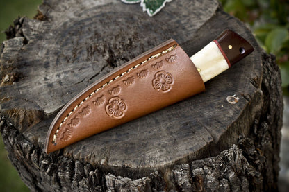 Handmade Rain Drop Damascus Skinner Knife with Bone Handle – Custom Gift Hunting Blade