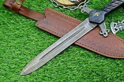 Hand-Forged Damascus Steel Short Sword Bowie Knife – Wood Handle & Leather Sheath