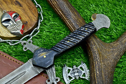 Hand-Forged Damascus Steel Short Sword Bowie Knife – Wood Handle & Leather Sheath