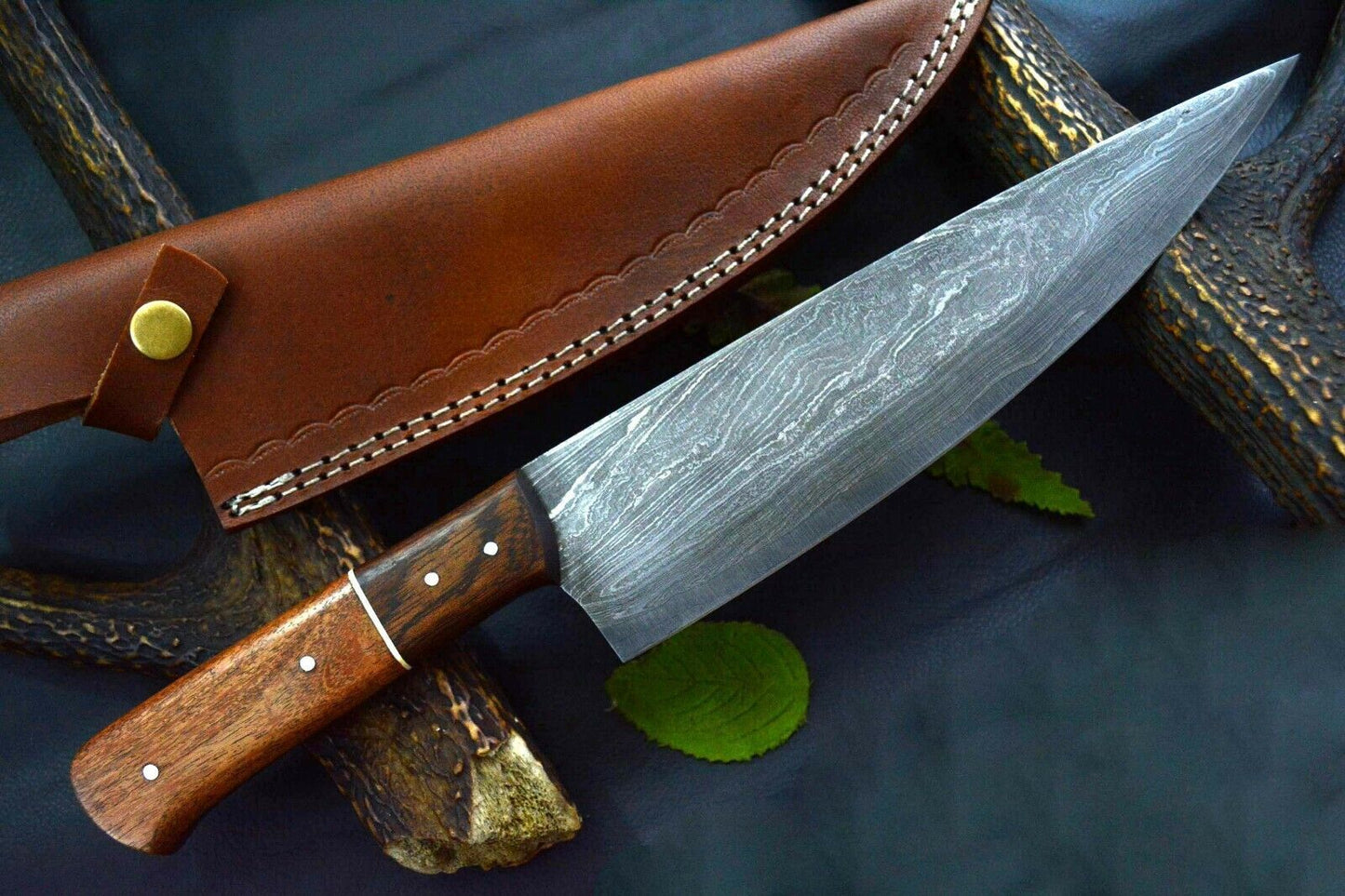 Custom Hand Forged Damascus Steel Fixed Blade Chef Knife – Handmade Walnut Handle
