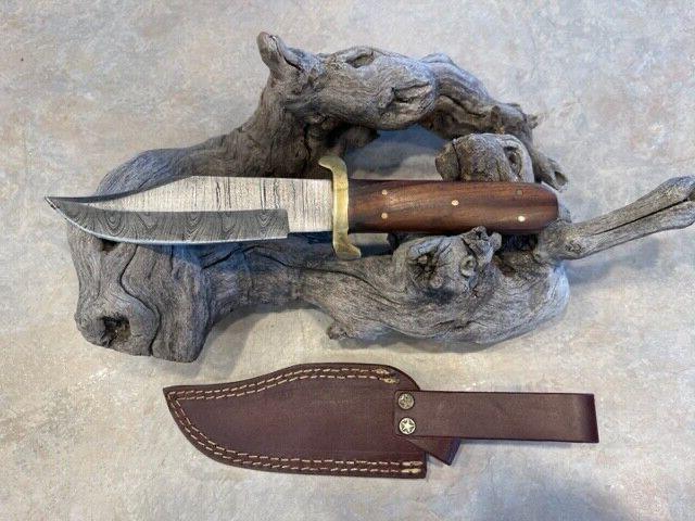 Heritage Forge Damascus Steel Bowie Knife with Rosewood Handle and Brass Hilt