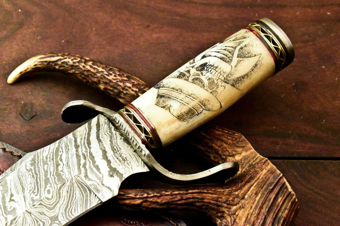 20” Custom Damascus Bowie Knife | Laser Etched Skull Blade & Leather Sheath