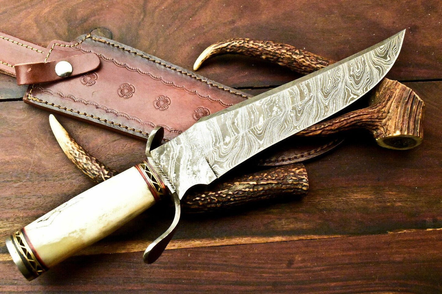 20” Custom Damascus Bowie Knife | Laser Etched Skull Blade & Leather Sheath