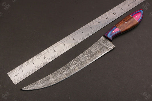 13.5" Custom Handmade Damascus Fillet Knife Fire Damascus Steel Fillet Knife W/Sheath