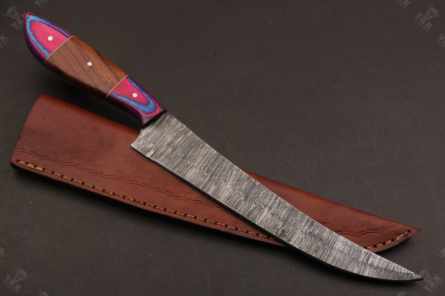 13.5" Custom Handmade Damascus Fillet Knife Fire Damascus Steel Fillet Knife W/Sheath