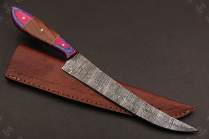 13.5" Custom Handmade Damascus Fillet Knife Fire Damascus Steel Fillet Knife W/Sheath