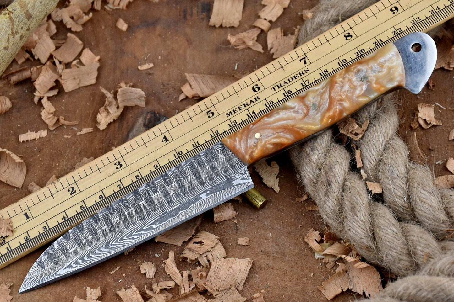 Custom Handmade Forged Damascus Steel Kitchen Chef Knife – 9" Blade with White & Orange Raisin Handle