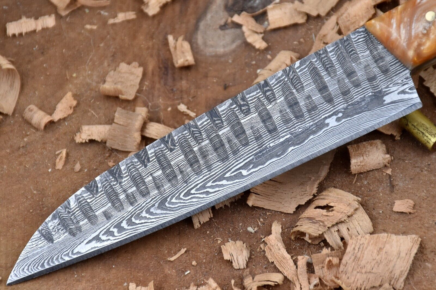 Custom Handmade Forged Damascus Steel Kitchen Chef Knife – 9" Blade with White & Orange Raisin Handle