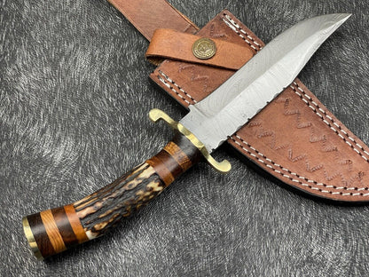10" Hand Forged Damascus Hunting Knife – Stag Horn & Wood Handle