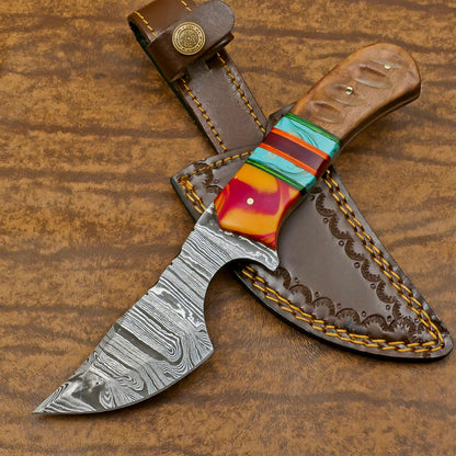 Resin Wood Damascus Skinner Knife Custom Handmade for Hunting and EDC