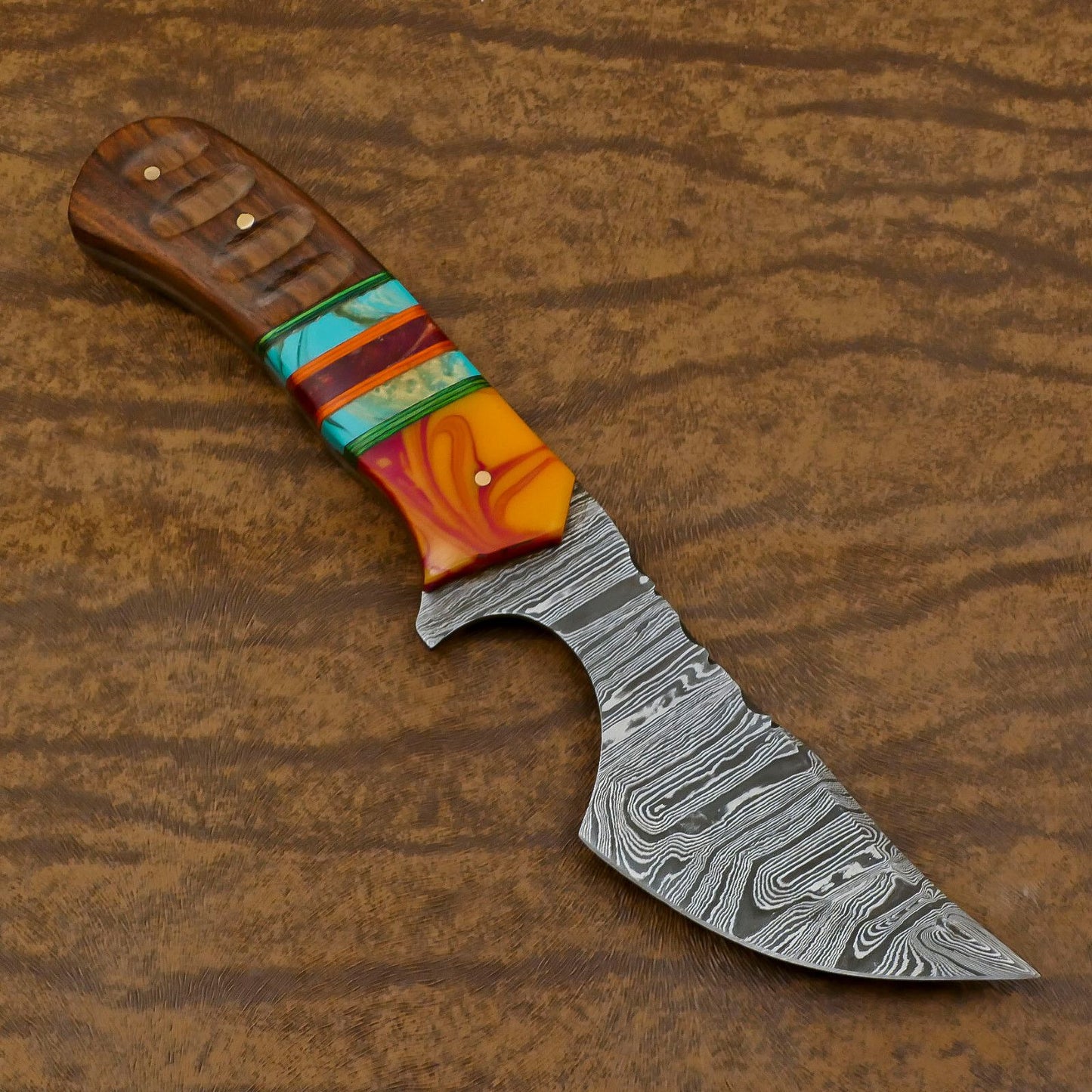 Resin Wood Damascus Skinner Knife Custom Handmade for Hunting and EDC
