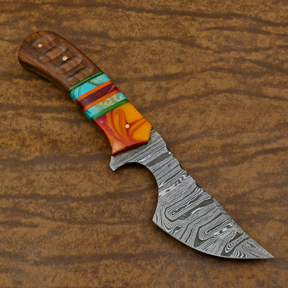 Resin Wood Damascus Skinner Knife Custom Handmade for Hunting and EDC