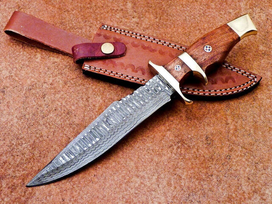 Heritage Forge 12 Inch Damascus Steel Bowie Knife with Natural Wood Handle for Hunting and Camping