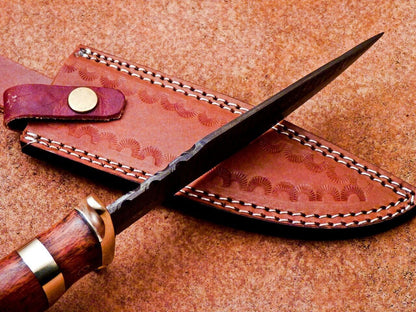 Heritage Forge 12 Inch Damascus Steel Bowie Knife with Natural Wood Handle for Hunting and Camping