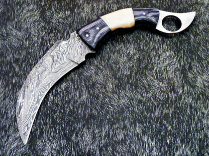 Handforged Damascus Karambit Knife Full Tang Karambit Damascus Steel With Wood and Bone Handle