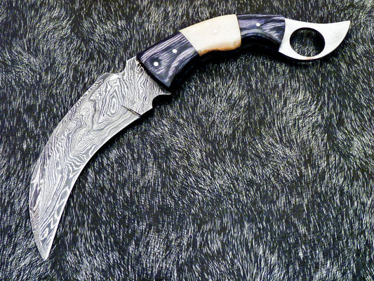 Handforged Damascus Karambit Knife Full Tang Karambit Damascus Steel With Wood and Bone Handle