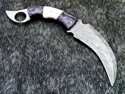 Handforged Damascus Karambit Knife Full Tang Karambit Damascus Steel With Wood and Bone Handle
