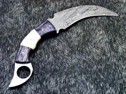 Handforged Damascus Karambit Knife Full Tang Karambit Damascus Steel With Wood and Bone Handle