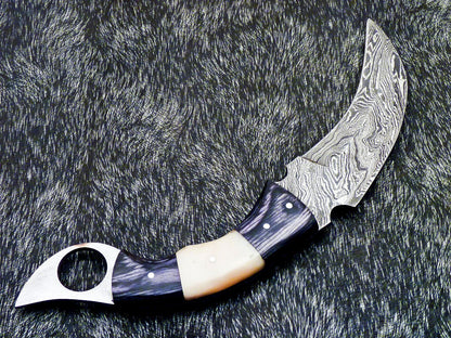 Handforged Damascus Karambit Knife Full Tang Karambit Damascus Steel With Wood and Bone Handle