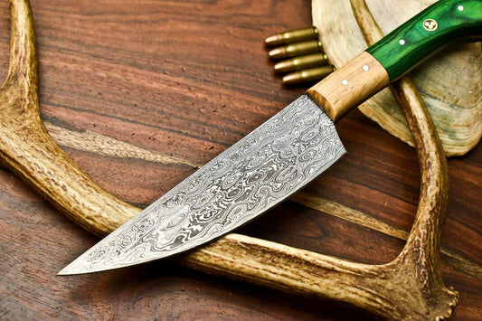 Custom Hand Made Damascus Steel Blade Chef Kitchen Full Tang Knife – 12" Overall, Hard Wood Handle
