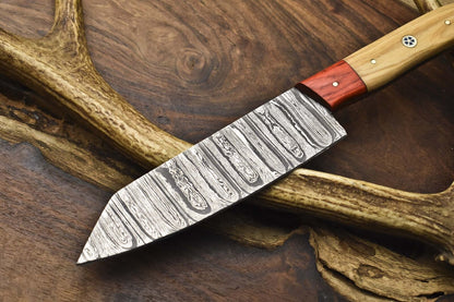 Forged Chef Knife Twist Damascus Steel with Olive Wood Handle & Wooden Bolster – Collectible EDC