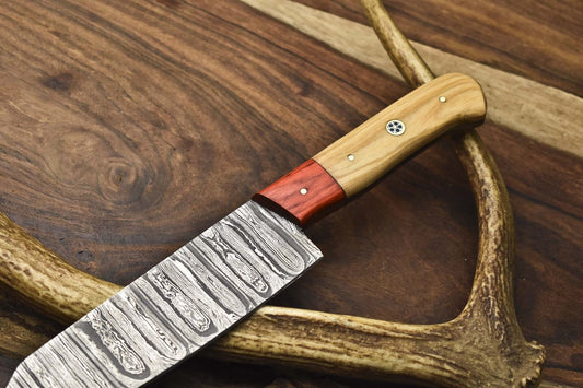 Forged Chef Knife Twist Damascus Steel with Olive Wood Handle & Wooden Bolster – Collectible EDC