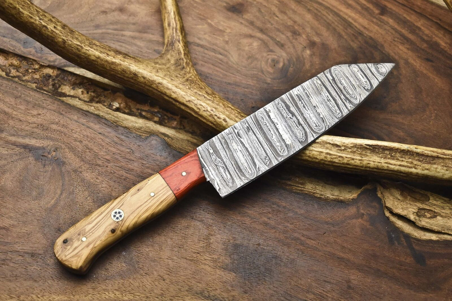 Forged Chef Knife Twist Damascus Steel with Olive Wood Handle & Wooden Bolster – Collectible EDC