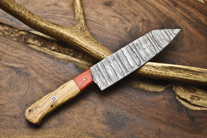 Forged Chef Knife Twist Damascus Steel with Olive Wood Handle & Wooden Bolster – Collectible EDC