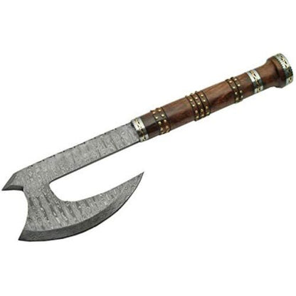 Hand Forged Damascus Steel Rosewood Hatchet Axe with Brass Studs and Leather Sheath