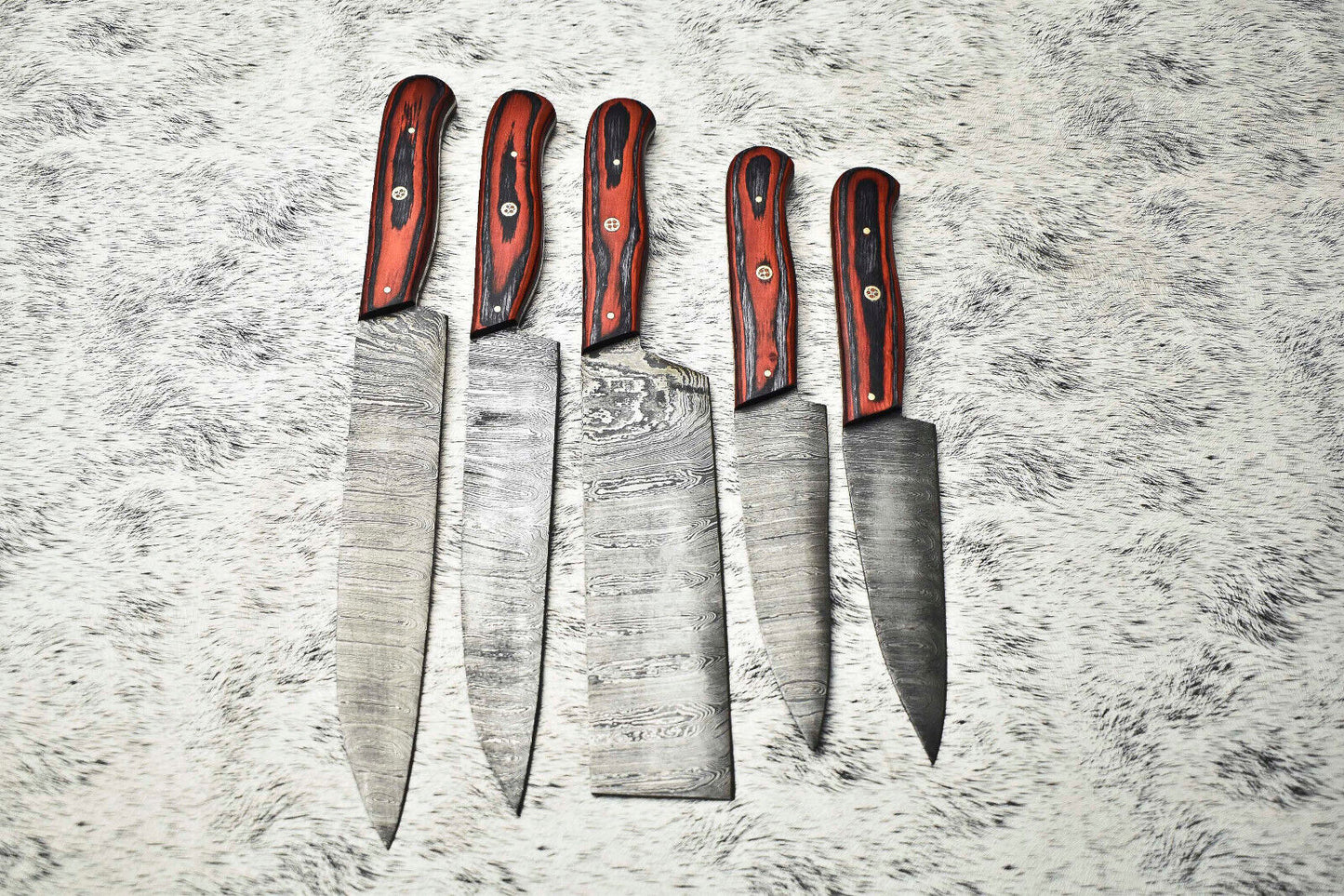 Custom Lot of 5 Handmade Damascus Steel Chef Knives | Full Tang Hard Wood Handles