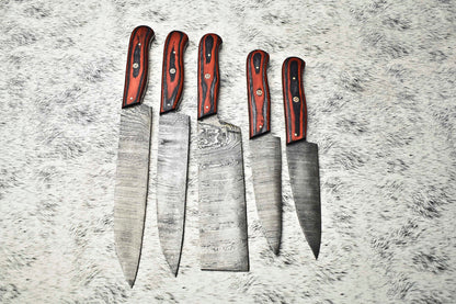Custom Lot of 5 Handmade Damascus Steel Chef Knives | Full Tang Hard Wood Handles