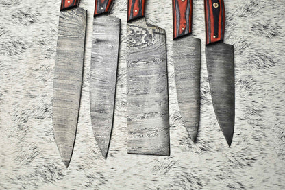 Custom Lot of 5 Handmade Damascus Steel Chef Knives | Full Tang Hard Wood Handles