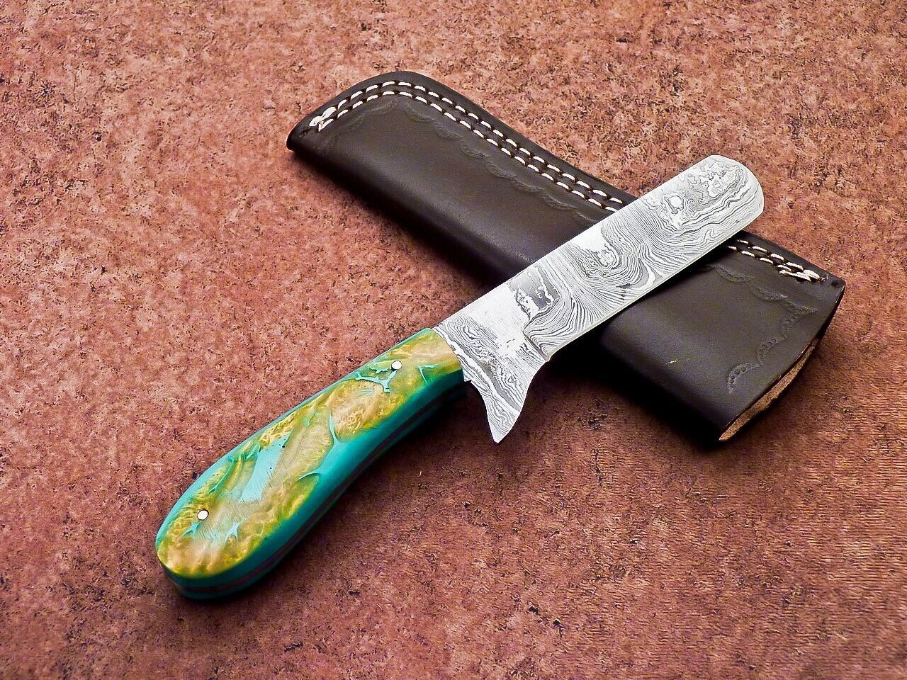 Handmade Damascus Steel Bull Cutter Knife Custom Cowboy Bull Cutter Knife with Resin Handle