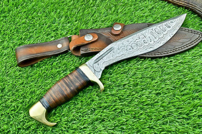 12" Damascus Bowie Kukri Knife with Leather Handle & Brass Bolster