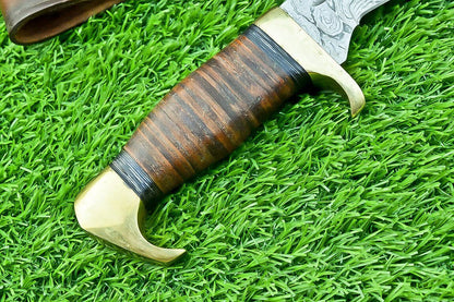 12" Damascus Bowie Kukri Knife with Leather Handle & Brass Bolster