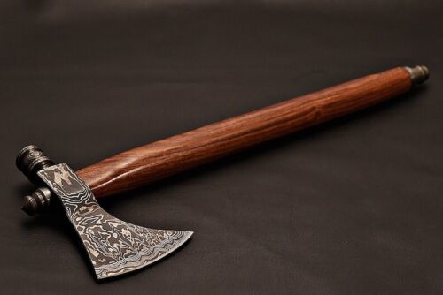 Handmade Damascus Steel Axe Pipe | Functional Outdoor Axe with Wood Handle & Leather Sheath