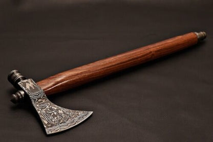 Handmade Damascus Steel Axe Pipe | Functional Outdoor Axe with Wood Handle & Leather Sheath