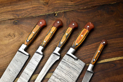 Premium 5-Piece Handmade Hammered Damascus Steel Chef Knife Set – Full Tang Kitchen Knives