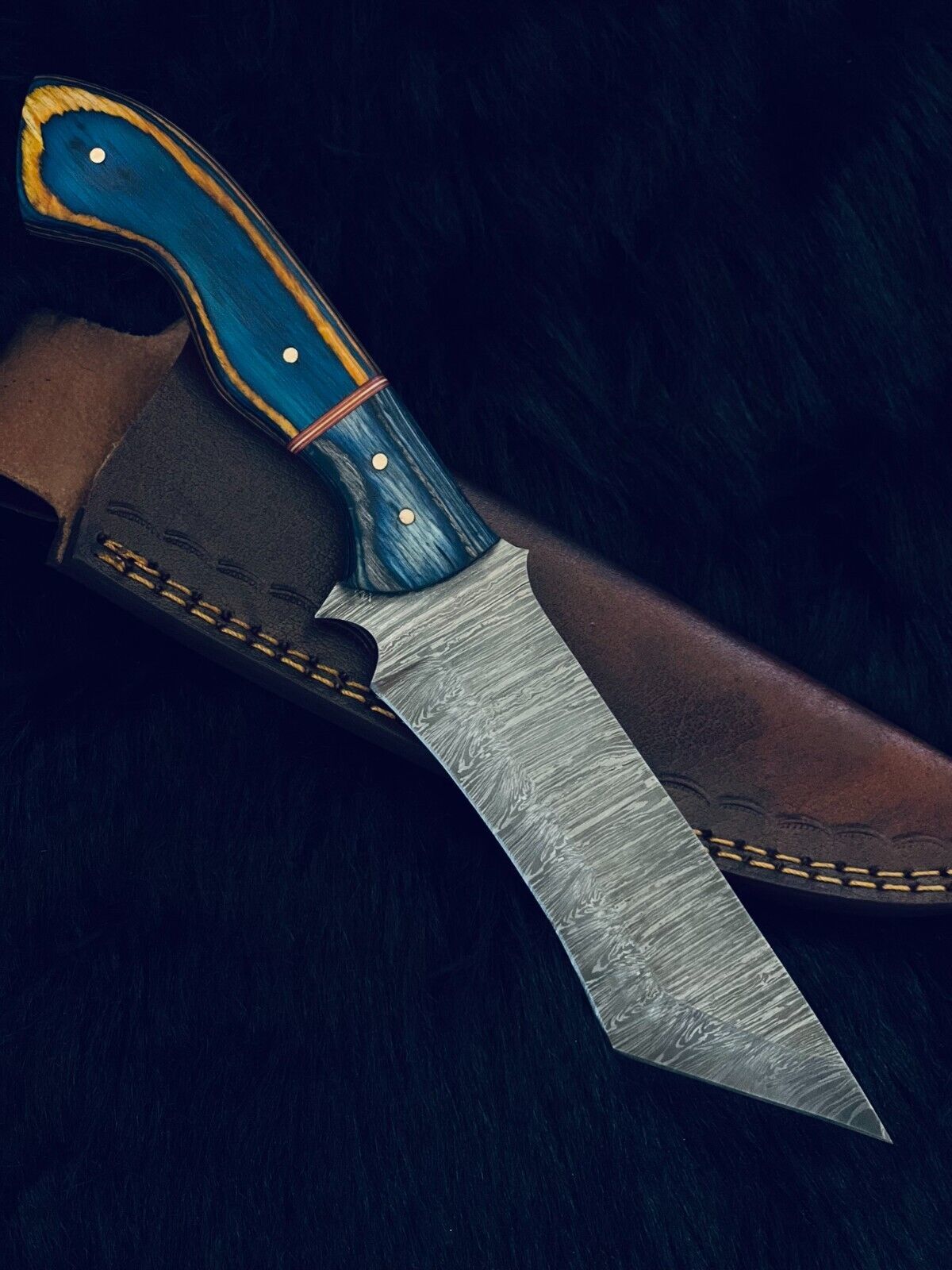 10.5" Damascus Tanto Hunting Knife – Camel Bone & Wood Handle