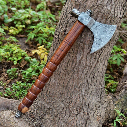 Custom Hand Forged Damascus Steel Viking Smoking Pipe Tomahawk Axe with Natural Wood Handle and Leather Sheath