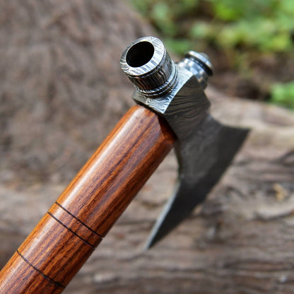 Custom Hand Forged Damascus Steel Viking Smoking Pipe Tomahawk Axe with Natural Wood Handle and Leather Sheath