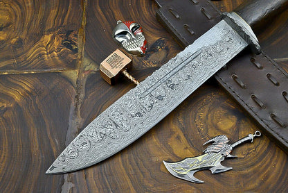 Heritage Forge Damascus Steel Bowie Knife with Wooden Handle | 12 Inch Hunting and Camping Knife