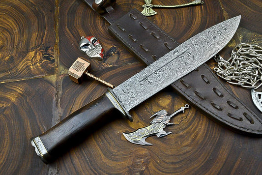 Heritage Forge Damascus Steel Bowie Knife with Wooden Handle | 12 Inch Hunting and Camping Knife