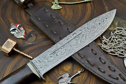 Heritage Forge Damascus Steel Bowie Knife with Wooden Handle | 12 Inch Hunting and Camping Knife