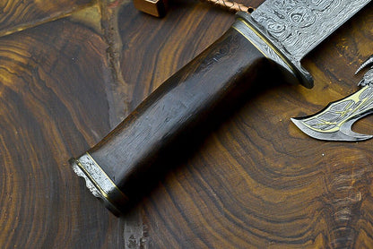 Heritage Forge Damascus Steel Bowie Knife with Wooden Handle | 12 Inch Hunting and Camping Knife
